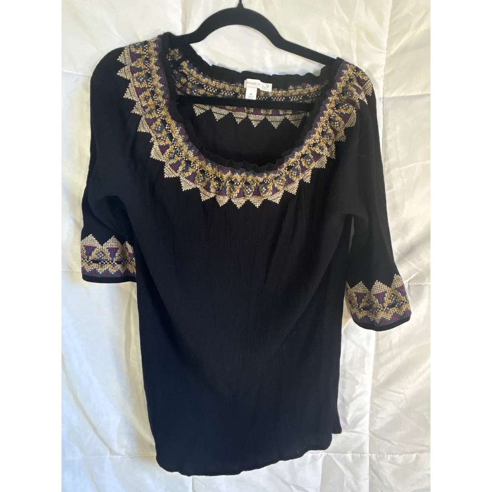 WESTPORT 1962 Black‎ Embroidered Neckline 3/4 Sleeve Tunic Top Women's Medium